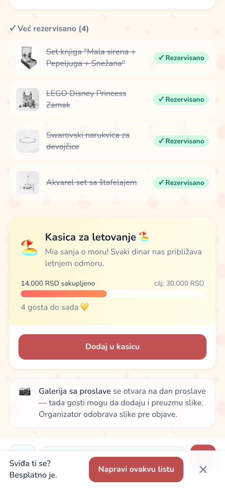 Kasica za novac na Giftiću: cilj, skupljeni iznos i dugme Dodaj u kasicu
